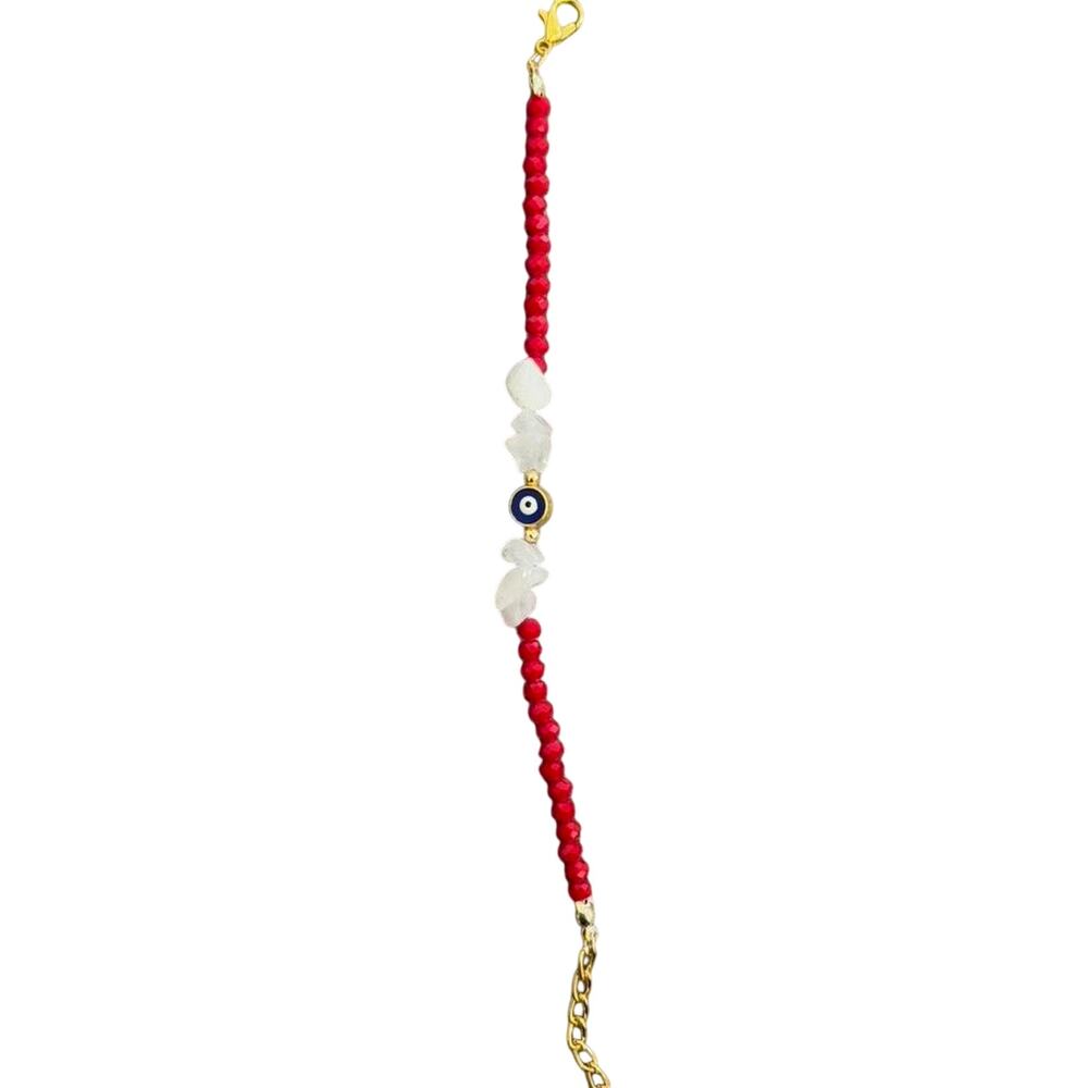 Red Evil Eye Beaded Bracelet Gold Tone Adjustable Handmade - Picture 4 of 4